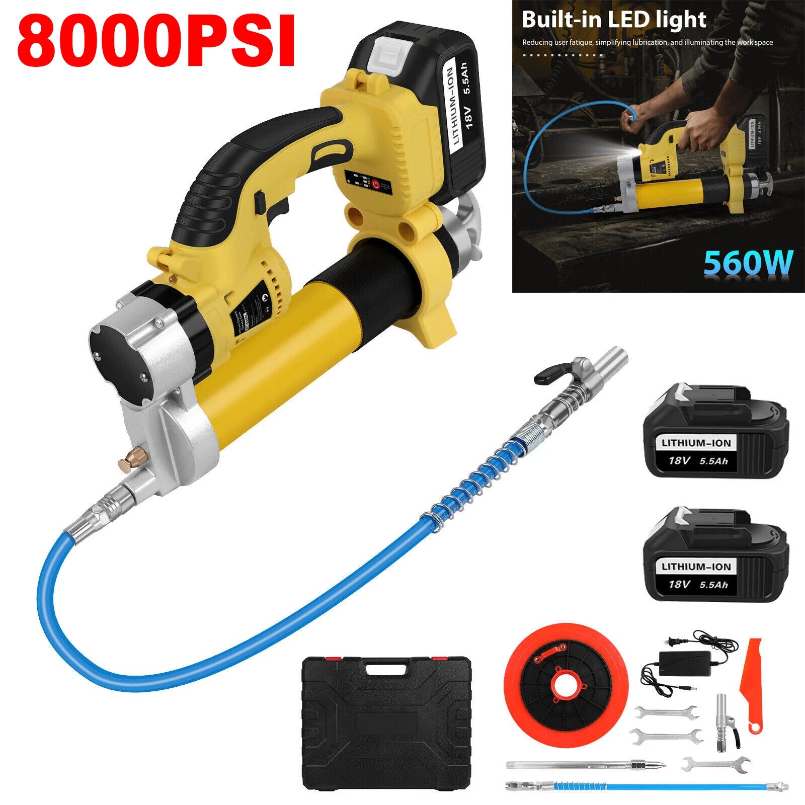 8000PSI Power Electric Cordless Grease Gun Battery & 2X 5.5Ah Battery & Charger