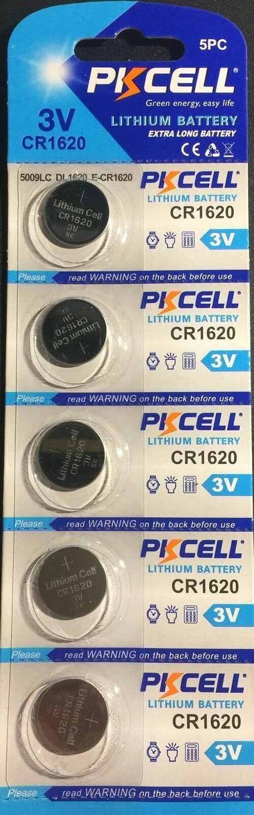CR1620 PKCELL 1620 LITHIUM BATTERIES (5 piece) 3V watch New Authorize USA Seller