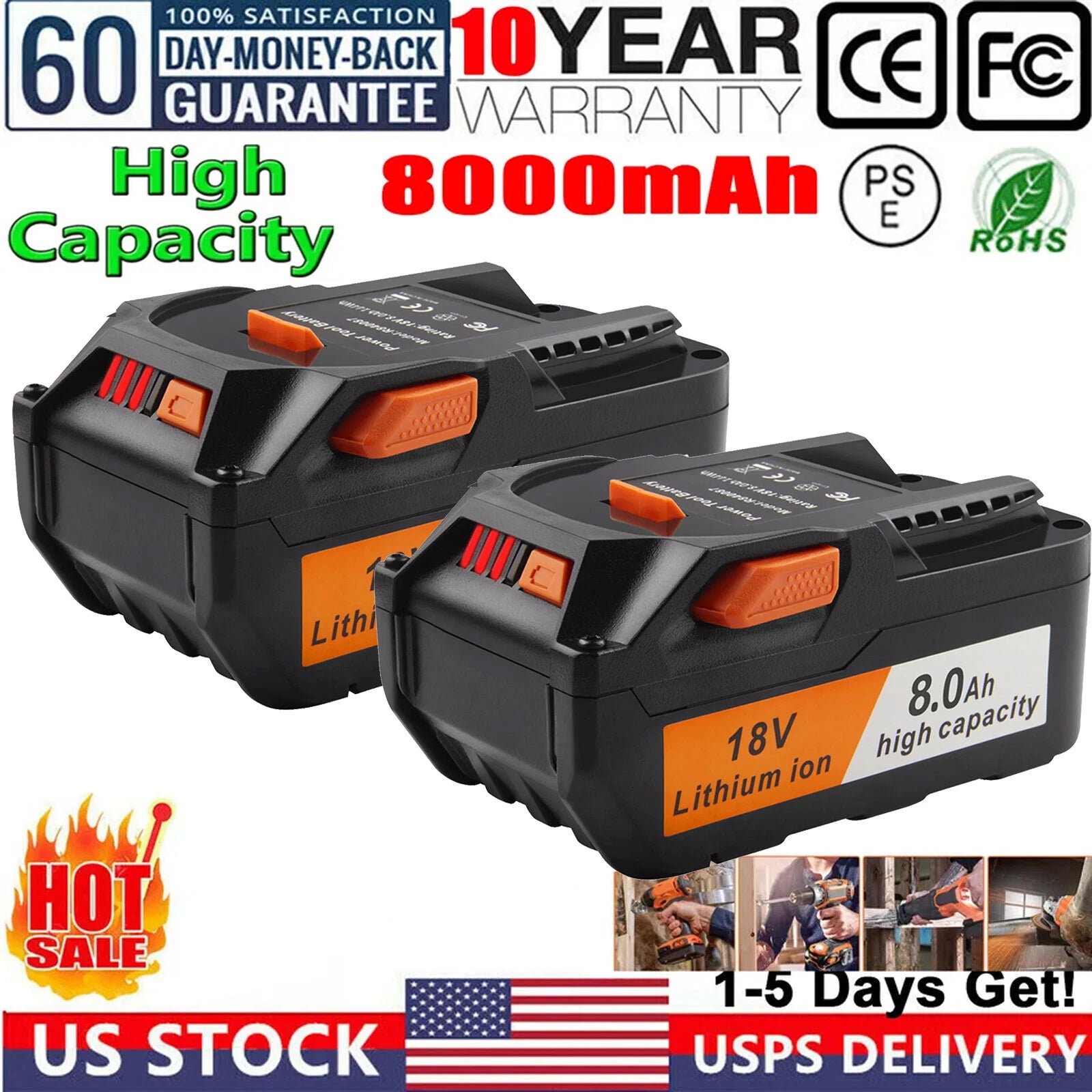 8000mAh For Ridgid R840085 8.0Ah Lithium Battery Rigid 18Volt R840087 Power Tool
