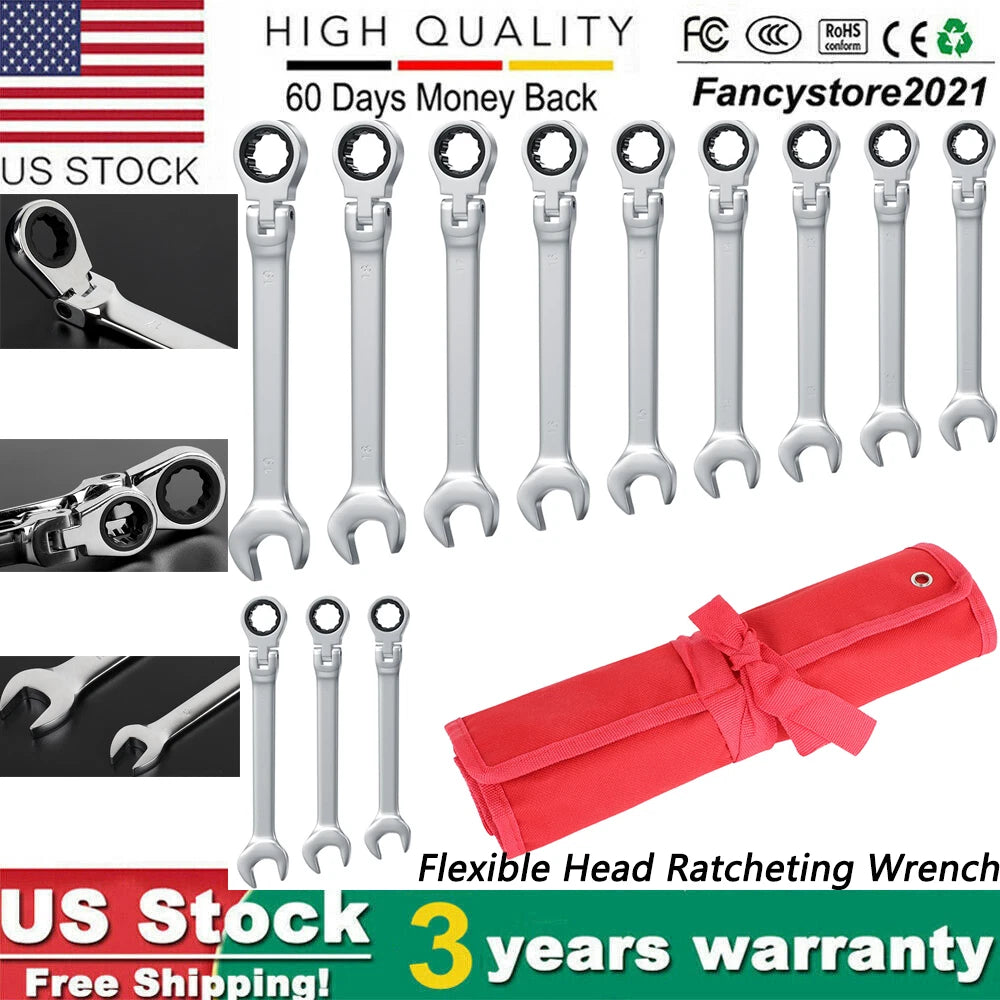 12Pc 8-19mm Metric Flexible Head Ratcheting Wrench Combination Spanner Tool Set