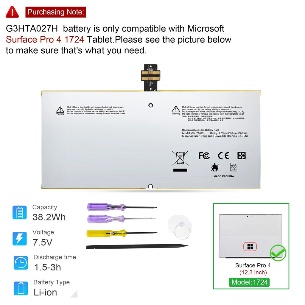 ??38.2WH Replace DYNR01 G3HTA027H Battery For Microsoft Surface Pro 4 1724 12.3"