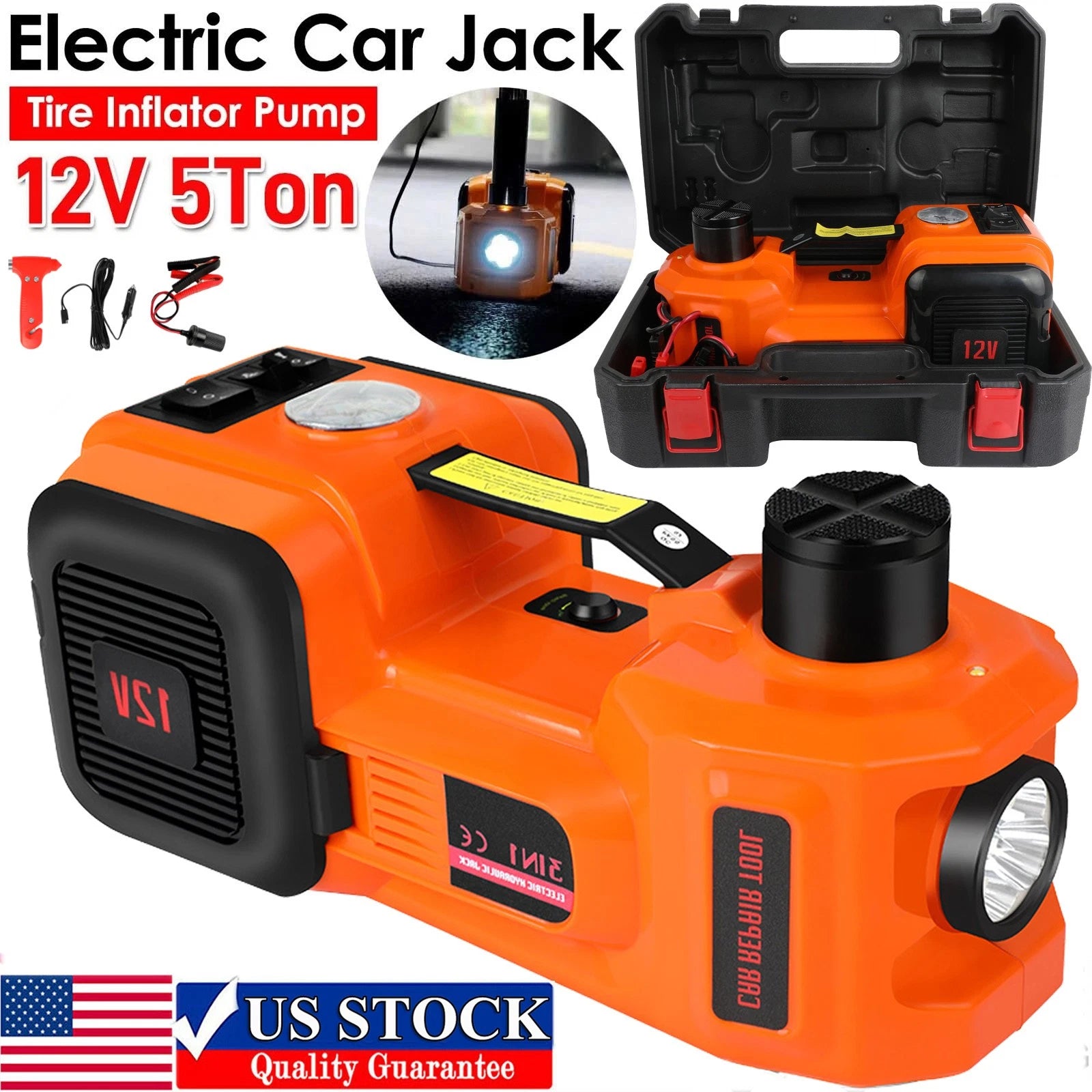 Car Jack 12V DC 5 Ton Electric Hydraulic Floor Lift Jack Tire Inflator Pump Tool