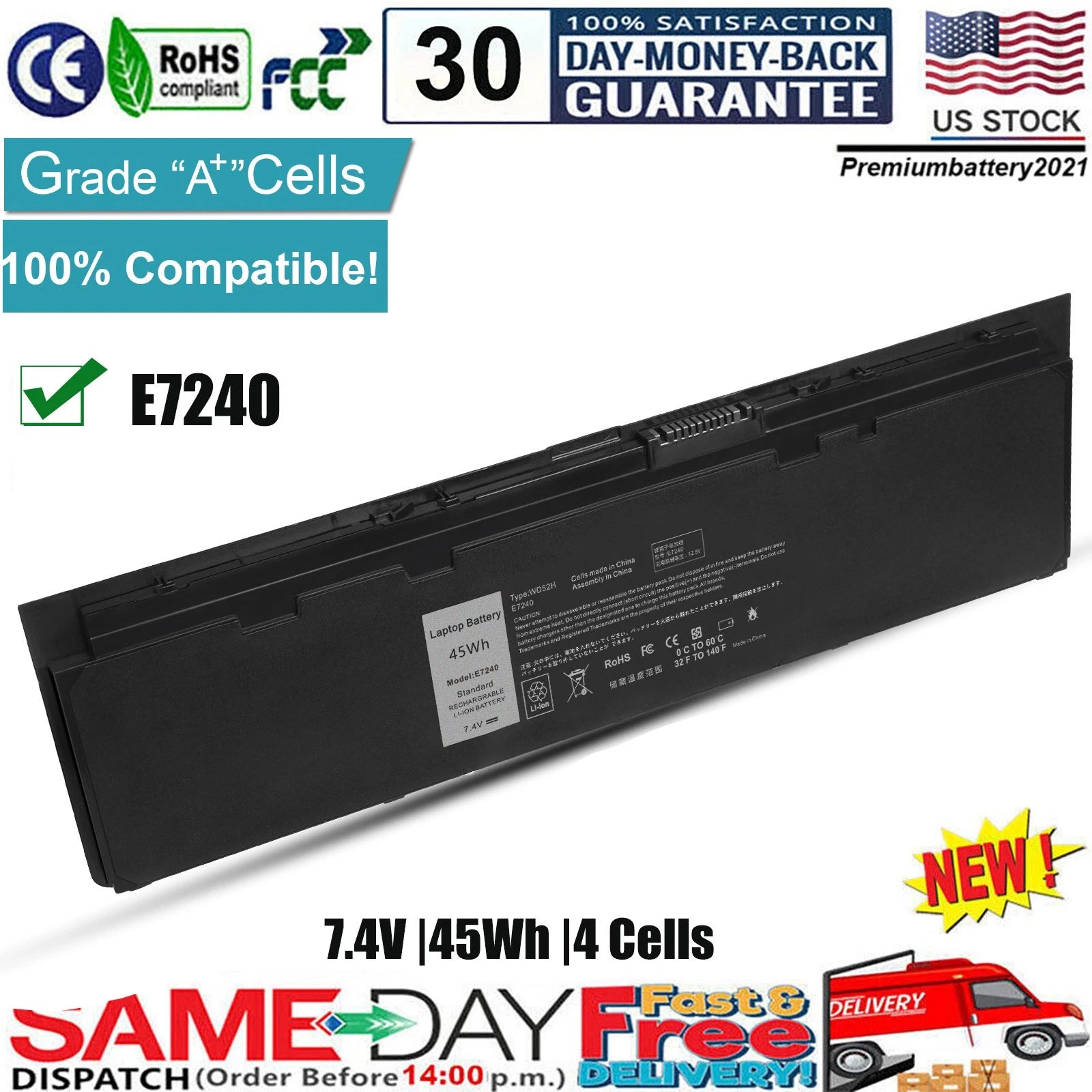 ?NEW WD52H Battery for Dell Latitude E7240 E7250 GVD76 VFV59 451-BBFW KWFFN 45Wh