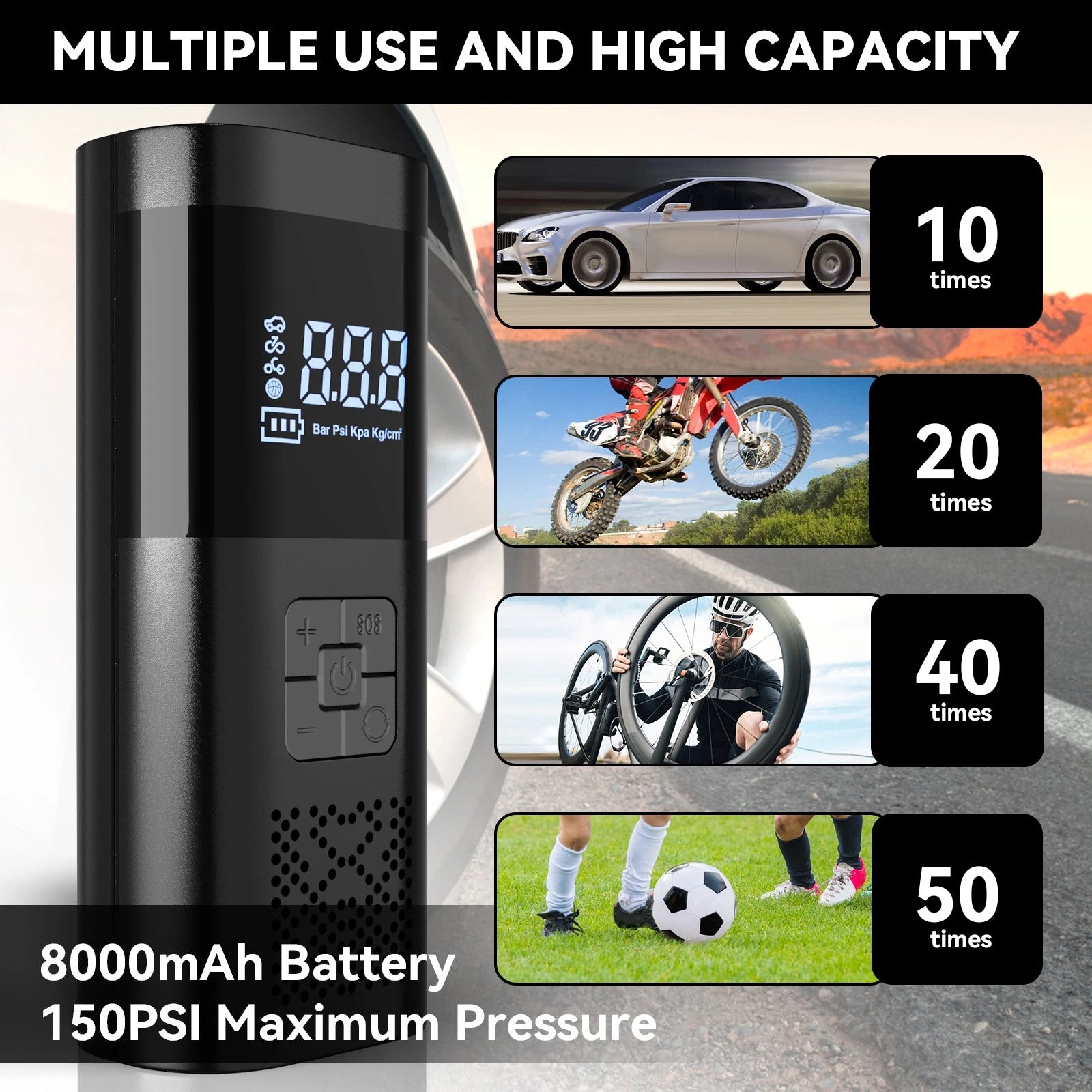 150PSI Cordless Tire Inflator AirCompressor Car Tire Pump W/Rechargeable Battery