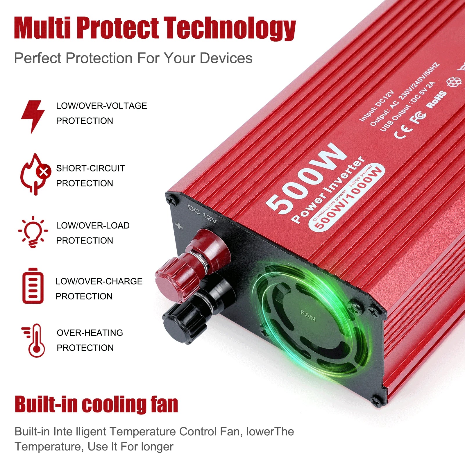 500W 1000W Car Power Inverter DC 12V To AC 110V RV Solar Converter 2 AC Outlets