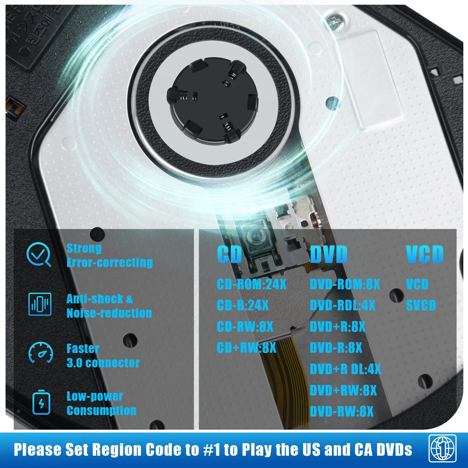 7 in 1 External CD/DVD RW Drive USB 3.0 Writer Burner Player Black For Laptop PC