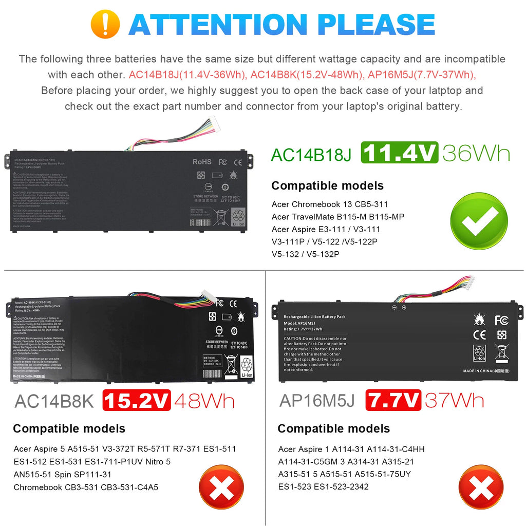 AC14B18J AC14B13J Battery for Acer Aspire ES1-511 ES1-512 V3-371 E5-771G 11.4V C