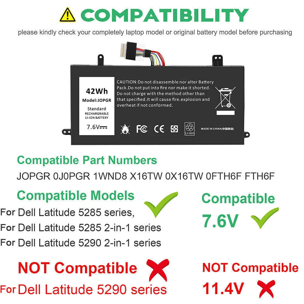 JOPGR X16TW Battery For Dell Latitude 12 5285 5290 2-in-1 Series J0PGR 42Wh FAST