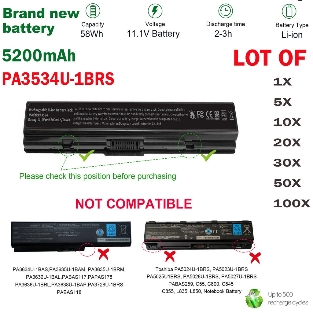 LOT Battery PA3534U-1BRS For Toshiba Satellite PA3727U-1BRS PA3533U-1BRS 5200mAh