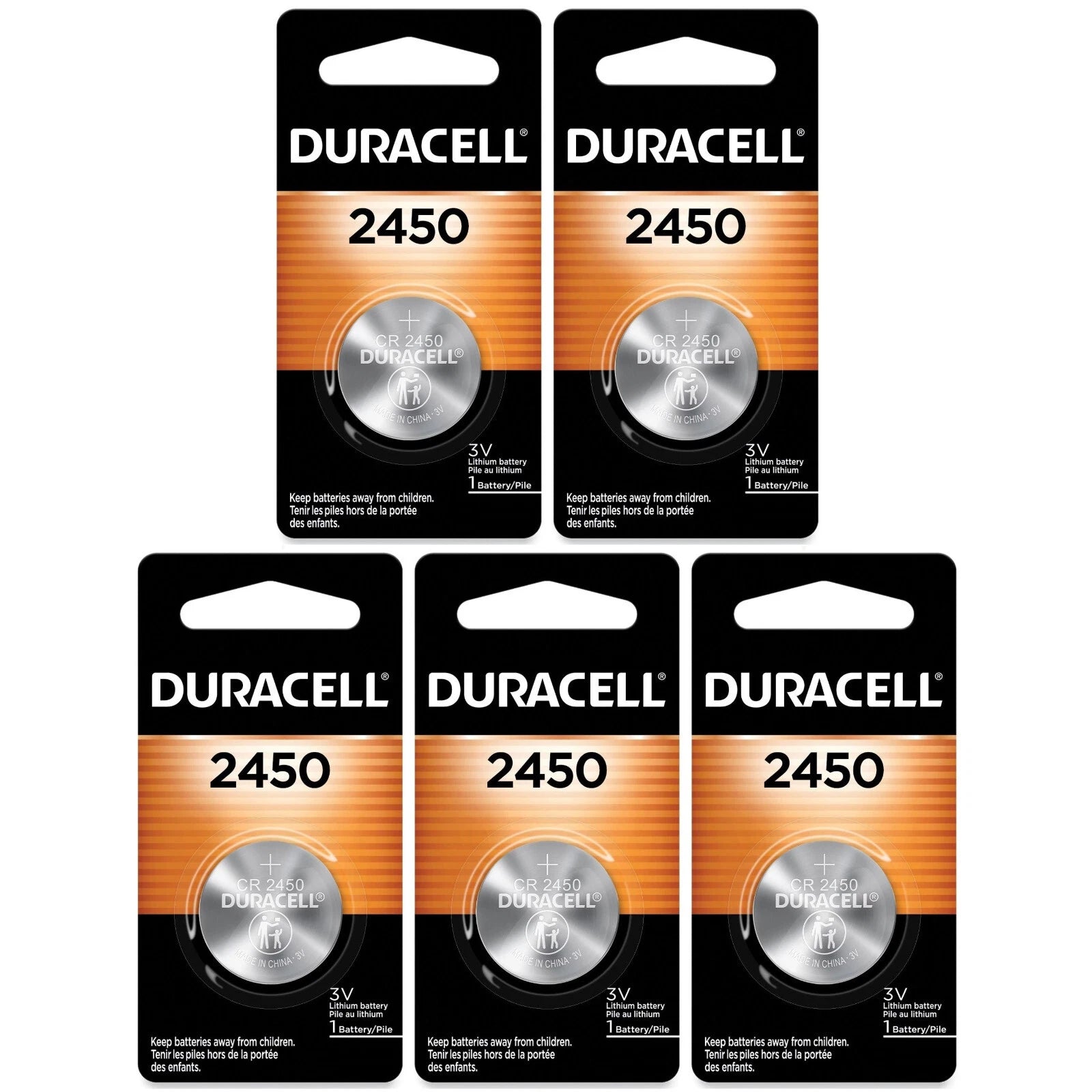5 2450 Duracell Lithium 3V Coin Cell Batteries (CR2450, DL2450, ECR2450)