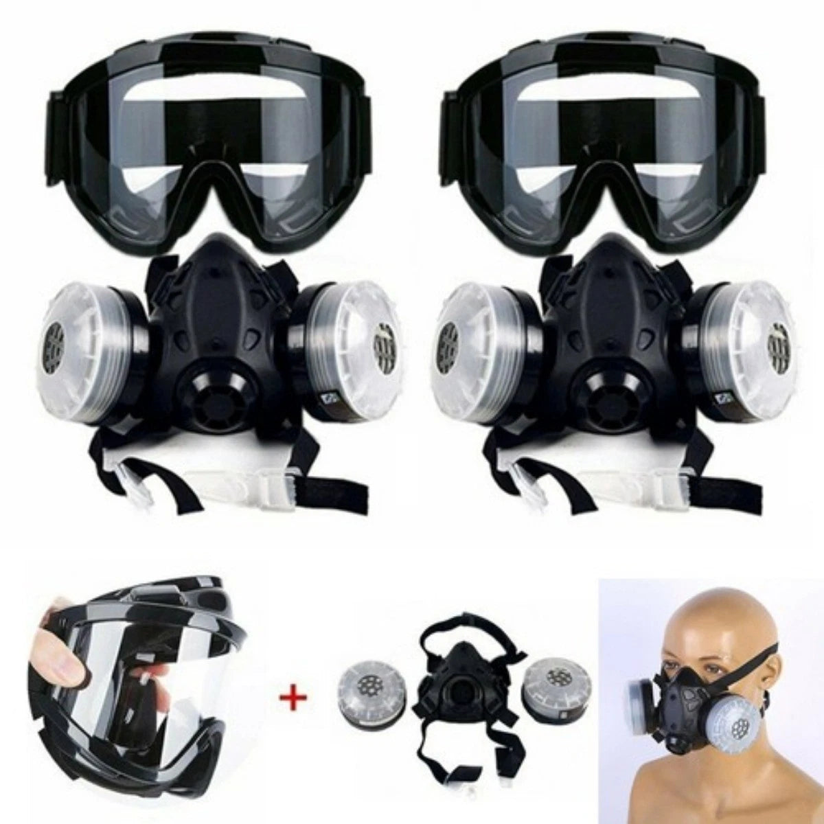 2Pcs Half Face Gas Respirator Mask with Safety Goggles Dual Filter Cartridges