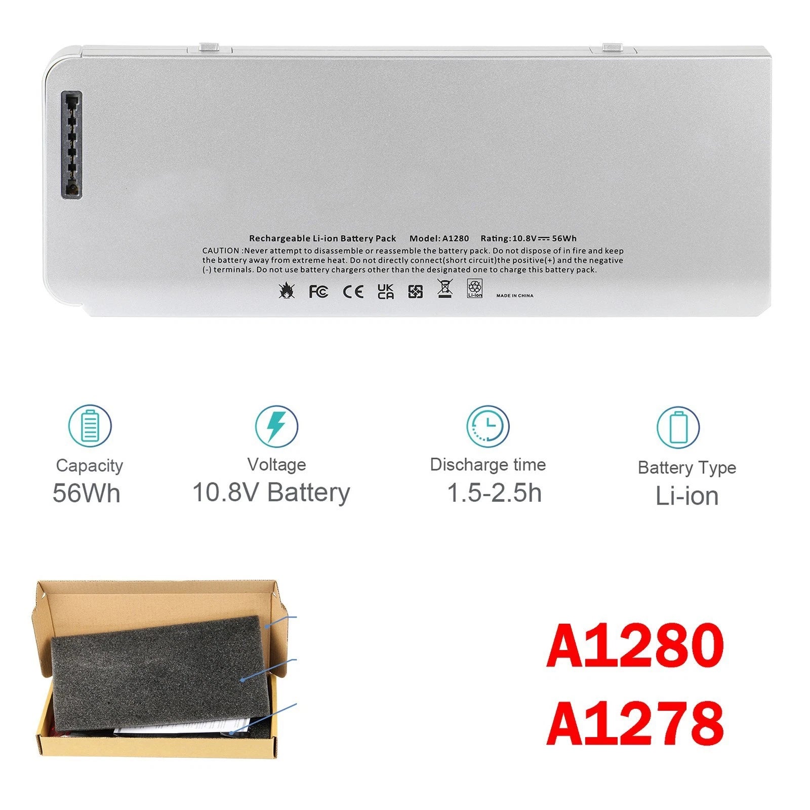 Battery A1280 For Apple MacBook 13"Aluminum Unibody A1278 MB466 MB467 10.8V-56Wh