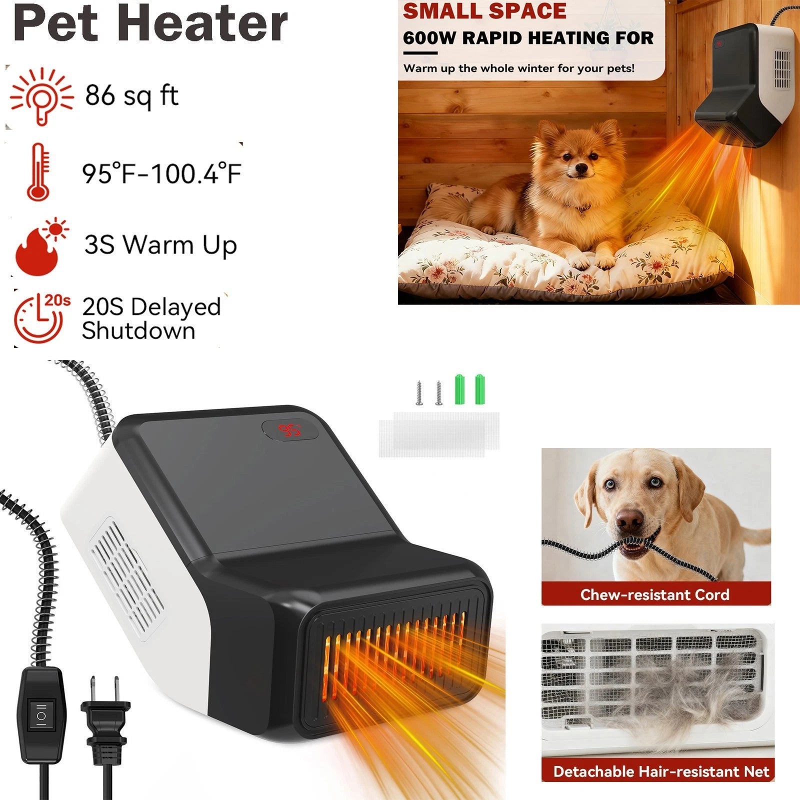 ??Dog House Heater with Thermostat,Pet House Heater Adjustable 6.6FT Safety 600W