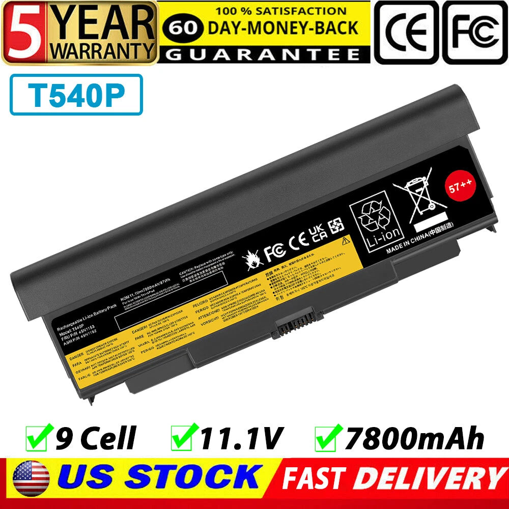 Battery for Lenovo ThinkPad T440P T540P W540 W541 L440 L540 Series 9Cell 7800mAh