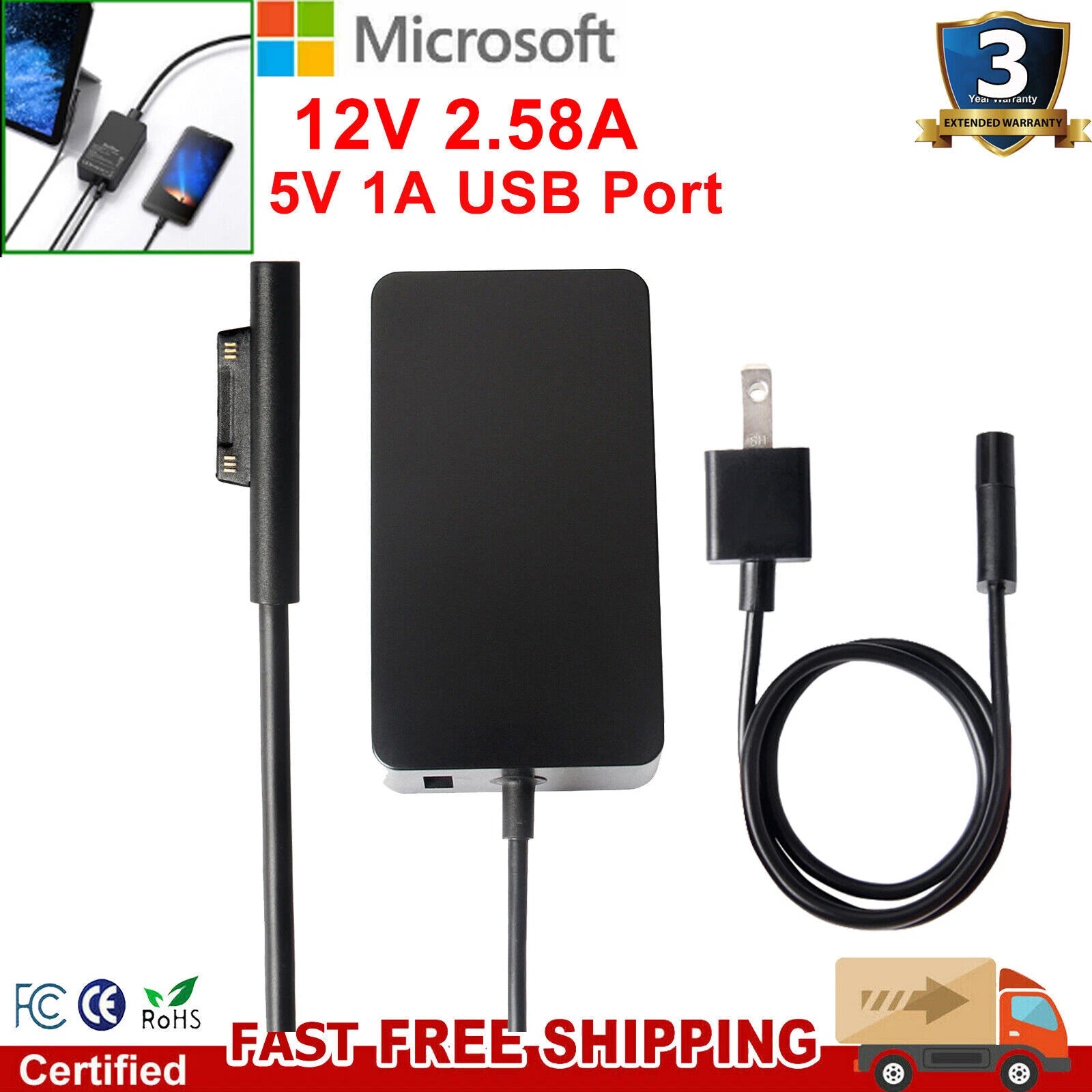 For Microsoft Surface Pro 4 AC Adapter Charger 1706 1625 + US Power Cord