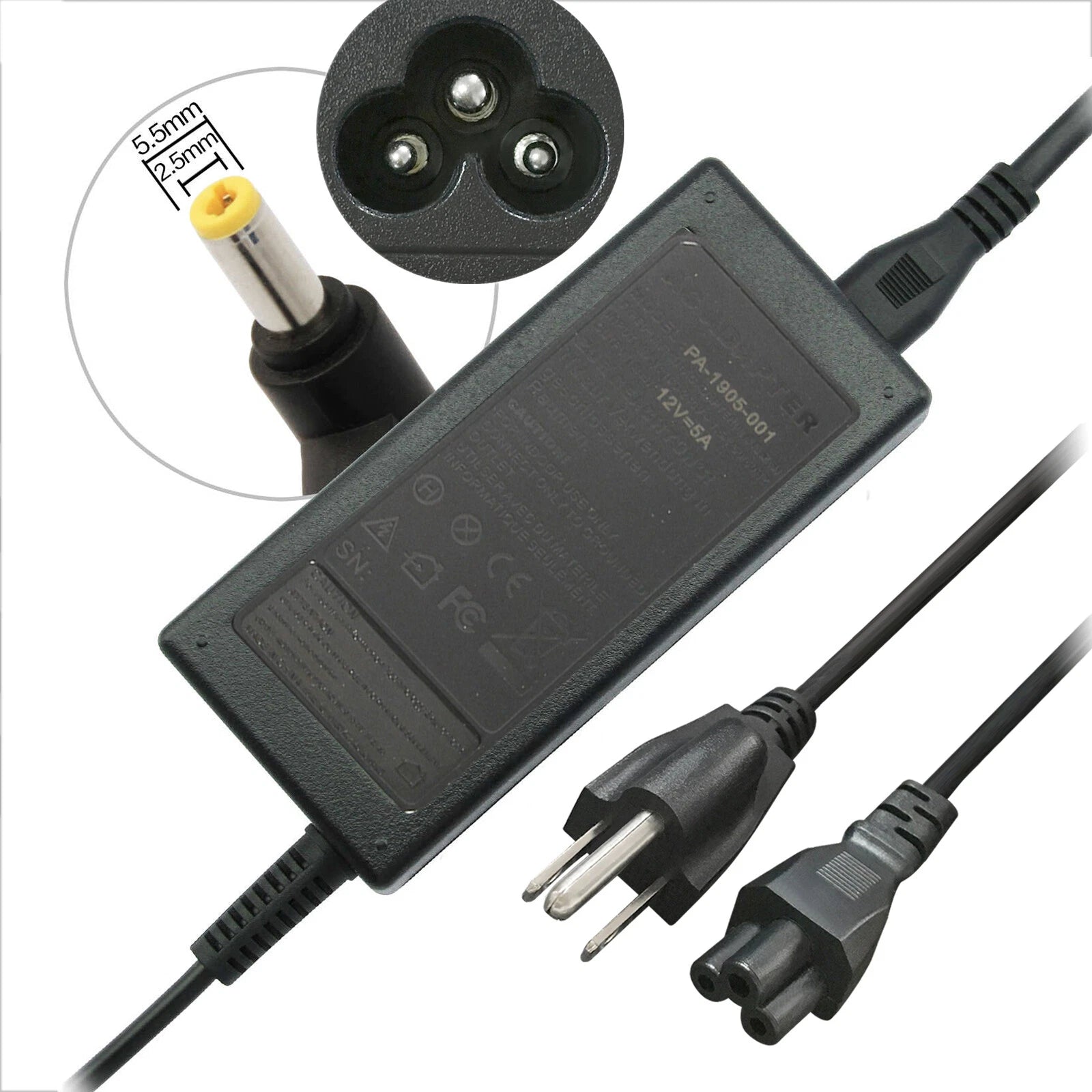 12 Volt 5 Amp 60W DC Power Supply AC Adapter Charger For PC LCD Monitor TV P