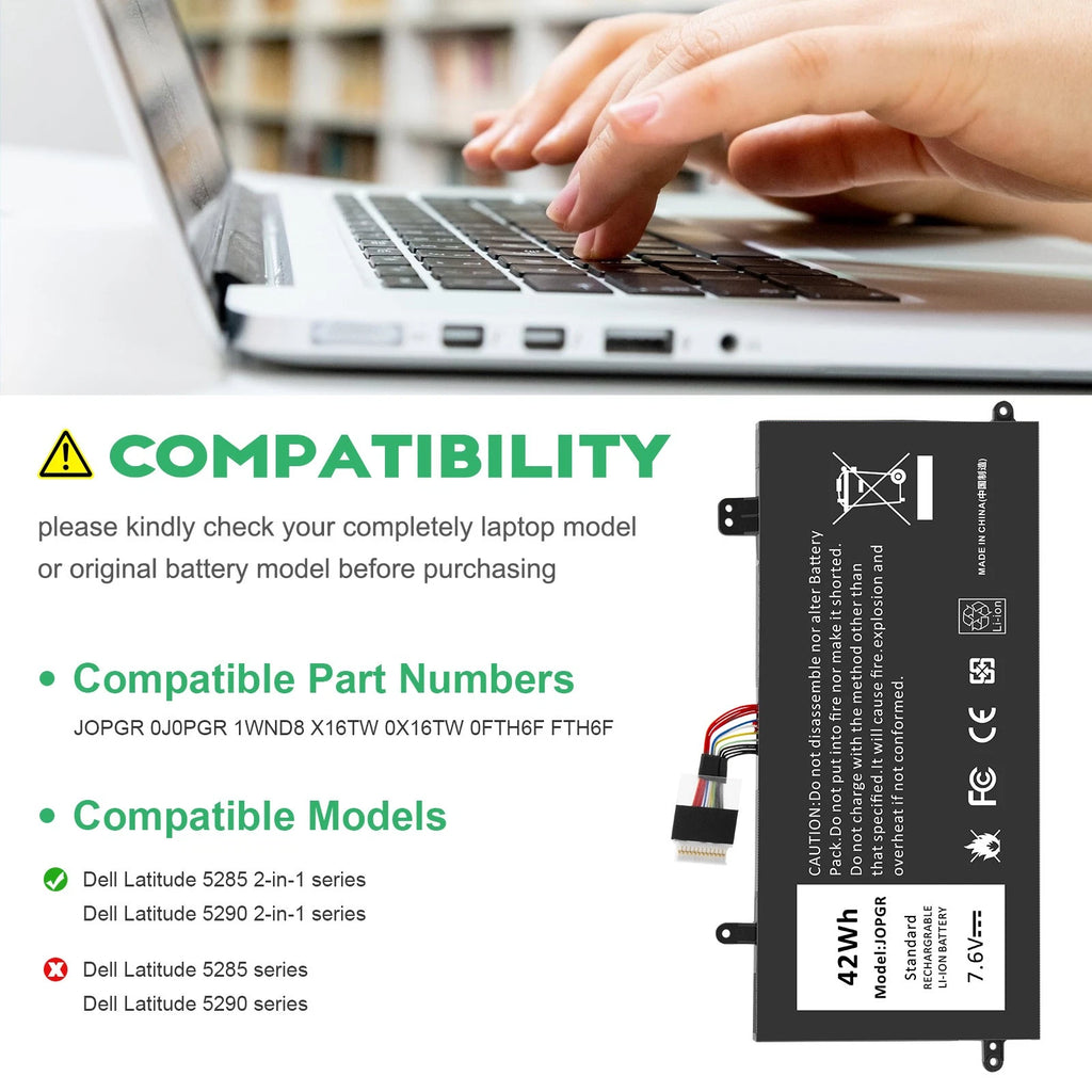 42Wh J0PGR JOPGR Battery for Dell Latitude 12 5290 5285 2-in-1 T17G 0J0PGR FTH6F