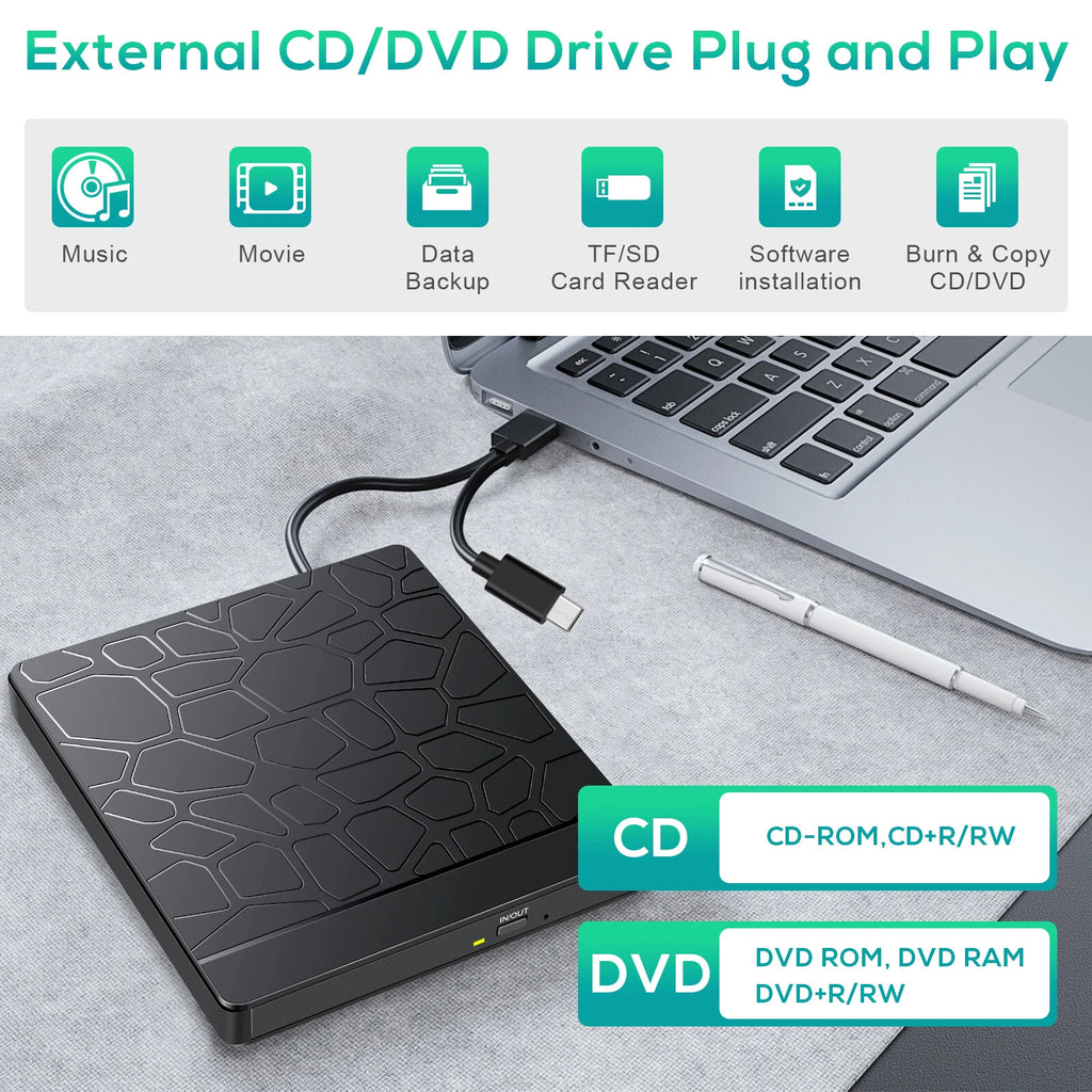 External CD/DVD Drive Player USB3.0 RW Burner ROM Reader Writer SD/TF Slot 2 USB