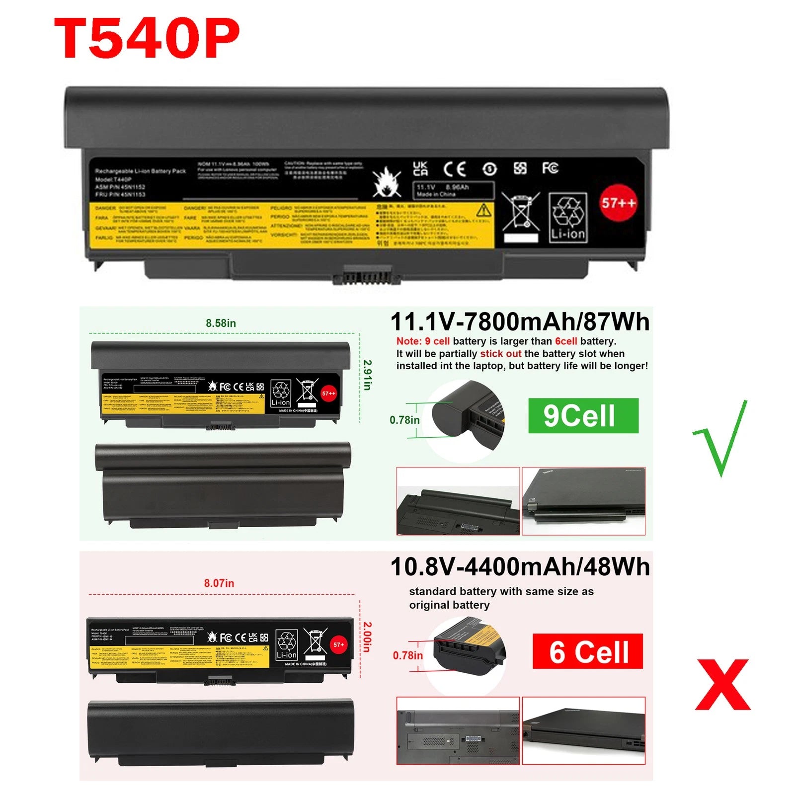 ??LOT 57++ Battery T540p For Lenovo ThinkPad L440 L540 T440p W540 7800mAh 9Cells