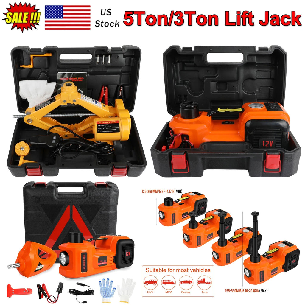 12V 3T/5T Electric Car Repair Hydraulic Jack Auto Lift W/ Hammer LED Flashlight