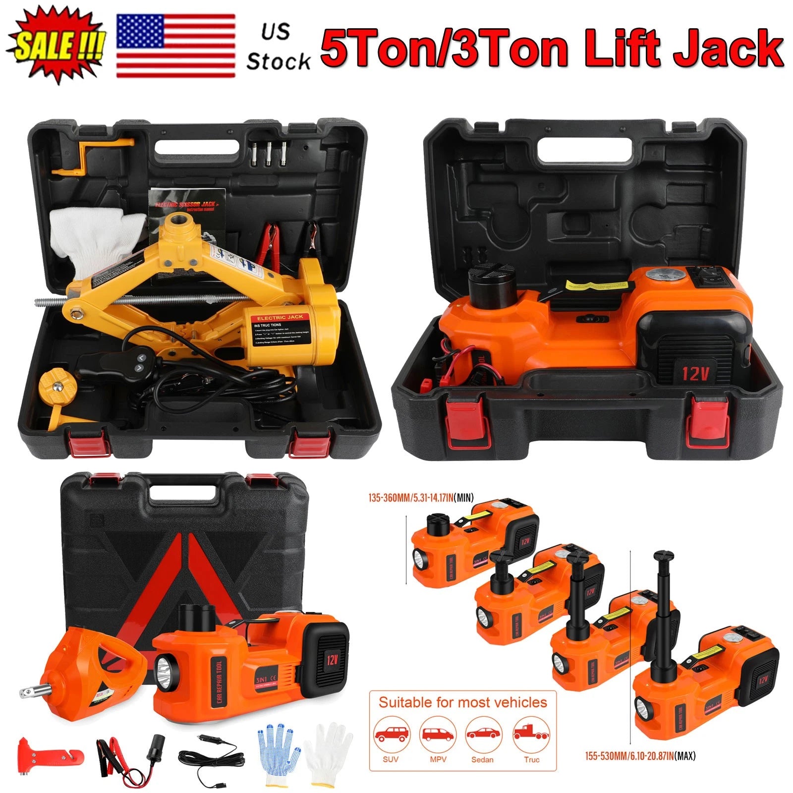 12V 3T/5T Electric Car Repair Hydraulic Jack Auto Lift W/ Hammer LED Flashlight