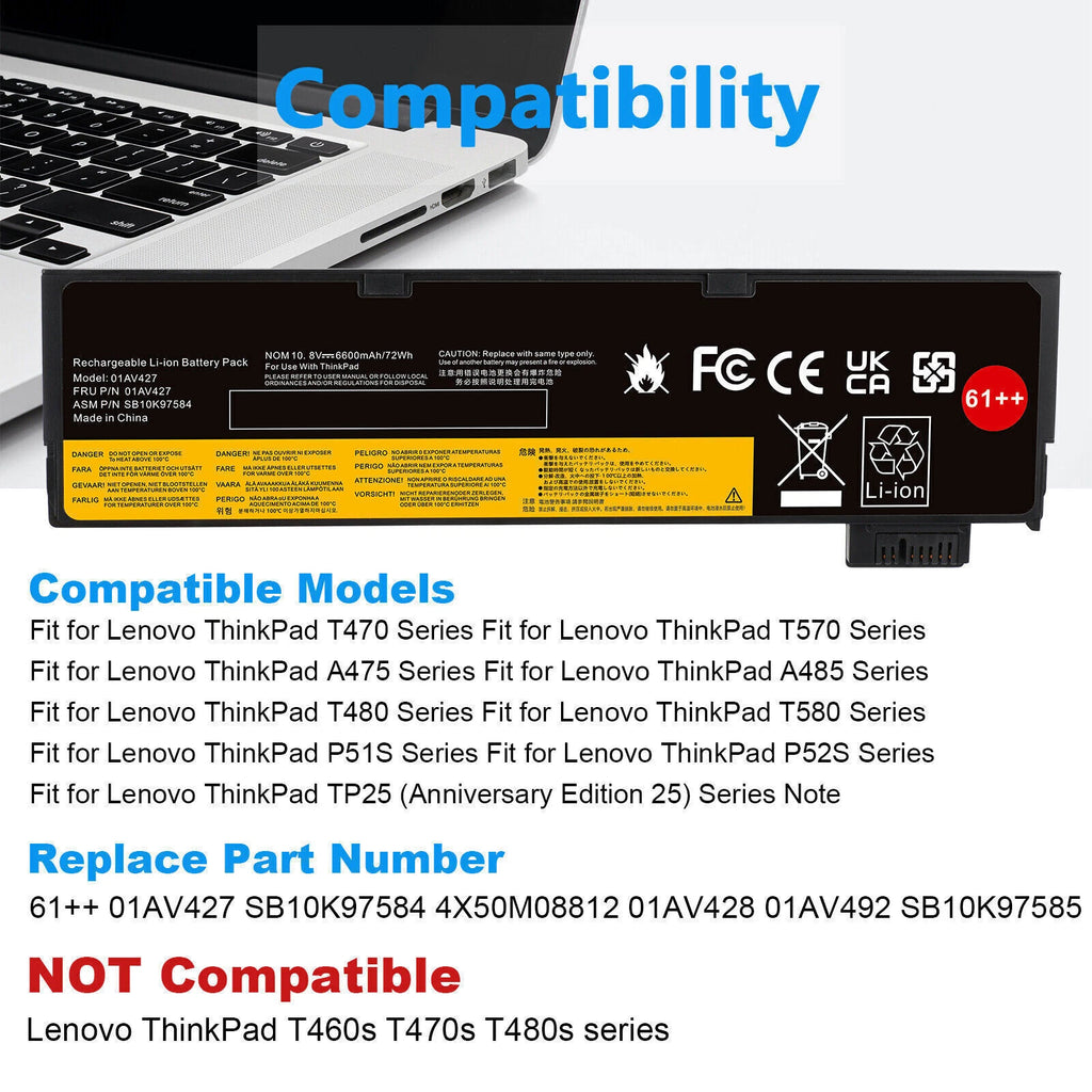 72Wh 01AV427 Battery For Lenovo ThinkPad T470 T480 T570 T580 P51S P52S T570 61++