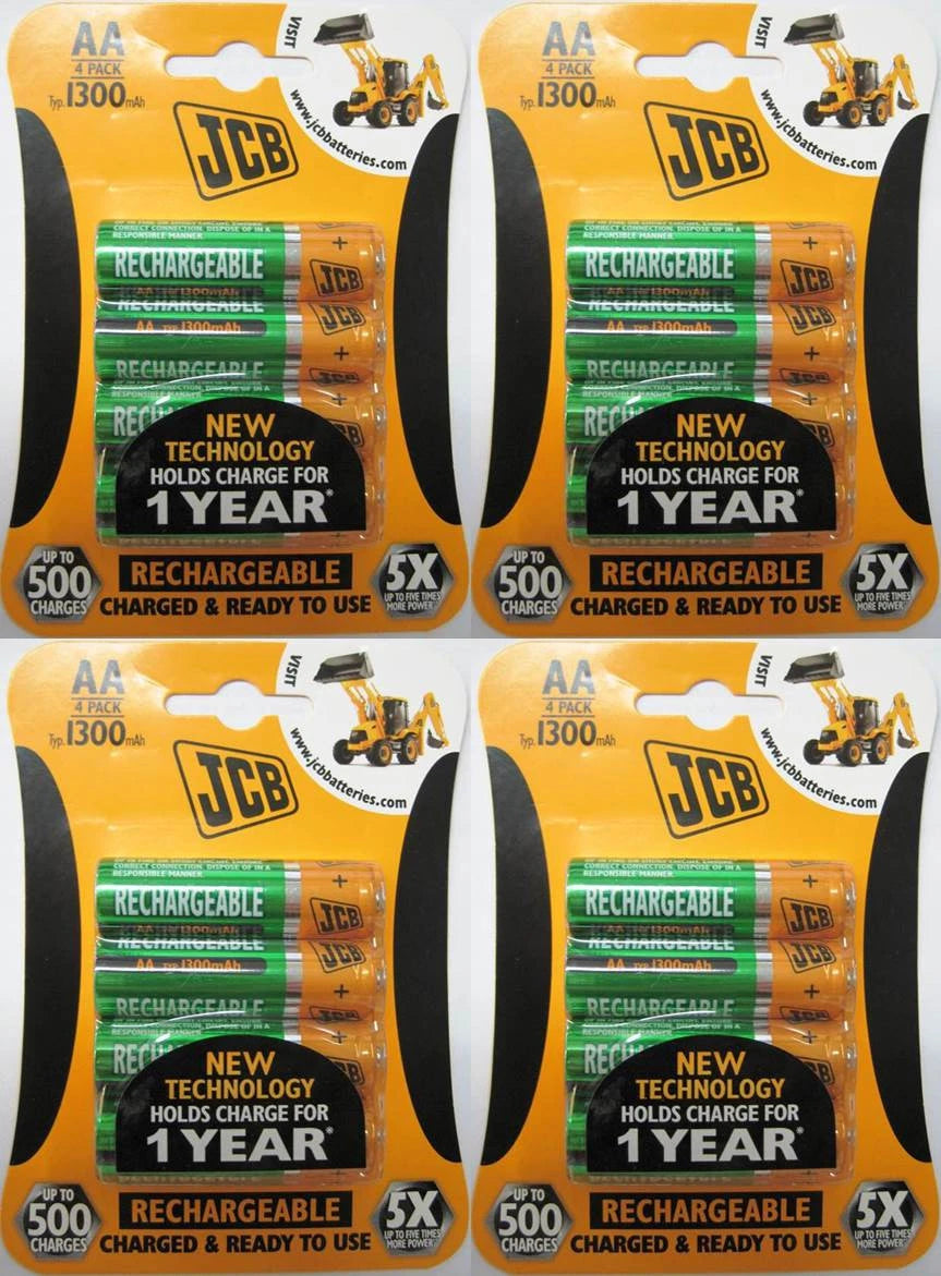 New 16 Pcs 1300mAh JCB NiMH AA Rechargeable Batteries