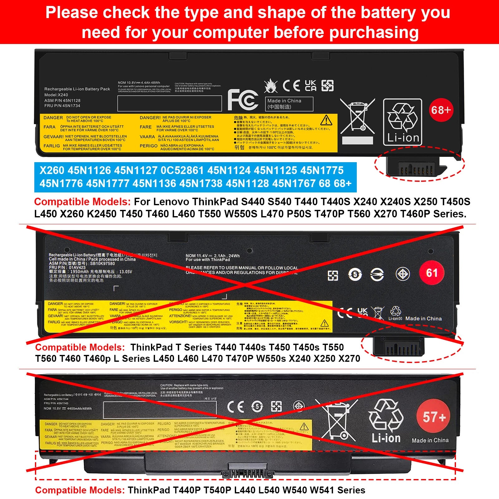 68 Battery For Lenovo Thinkpad X240 240S X250 X260 X270 T440 T440S T460p 3Cell