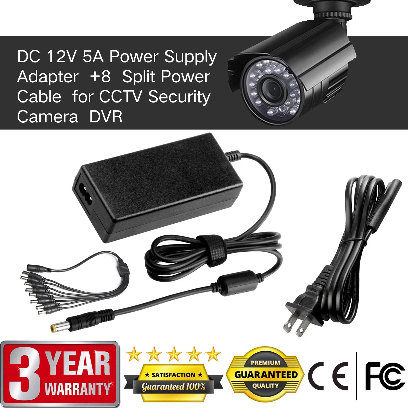 12V 5A LED Power Adapter Transformer for DVR/Camera RGB LED Strip 8 Way splitter