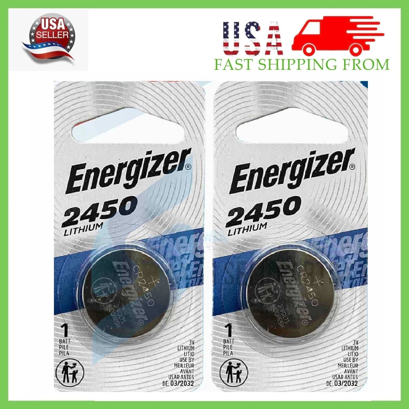 2 Pack New Fresh Energizer ECR2450 CR2450 BR2450 Lithium 3V Battery Exp 03/2032