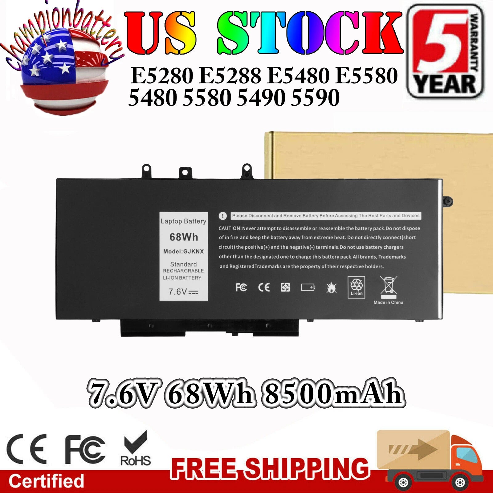 68Wh GJKNX Battery/Charger for Dell Latitude 5480 5580 5280 5490 5491 5580 5590