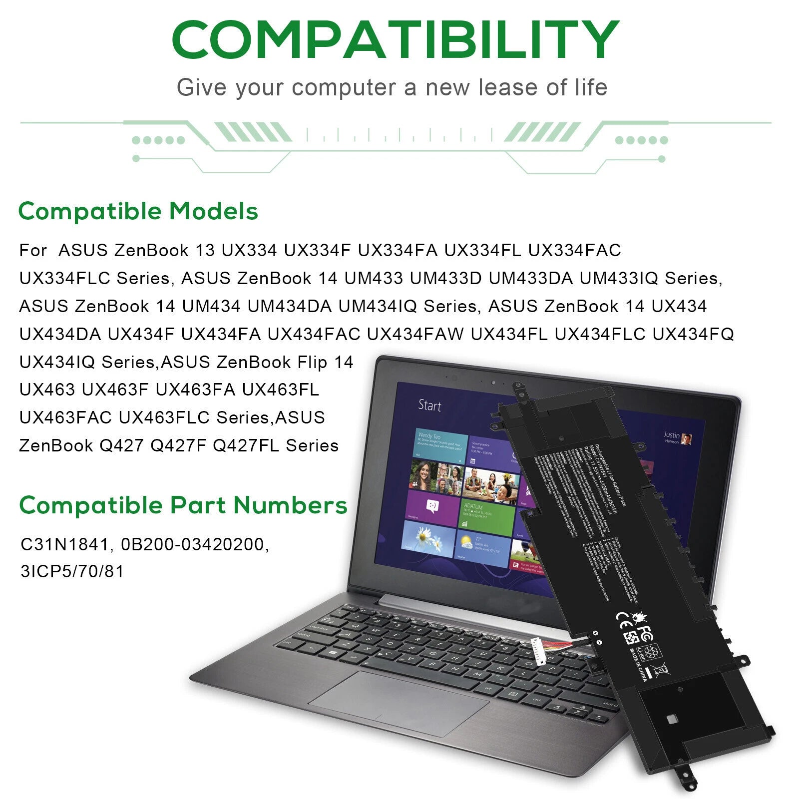 50WH C31N1841 Battery For Asus ZenBook 13 UX334 UX334FA UX334FL 14 UX434 UX434DA
