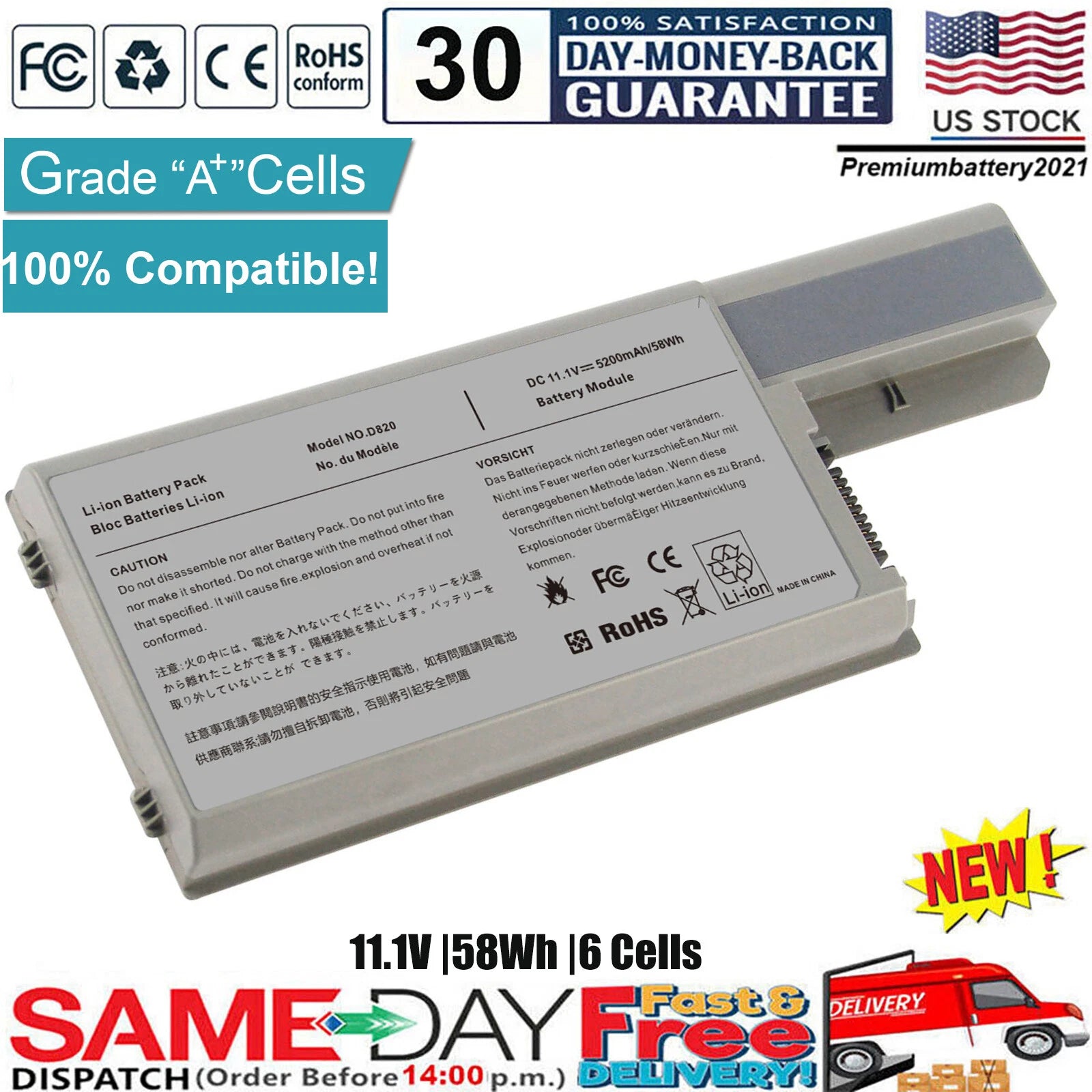 6 Cell Laptop Battery for Dell Latitude D531 D531N D820 D830 TC030 CF623 YD626