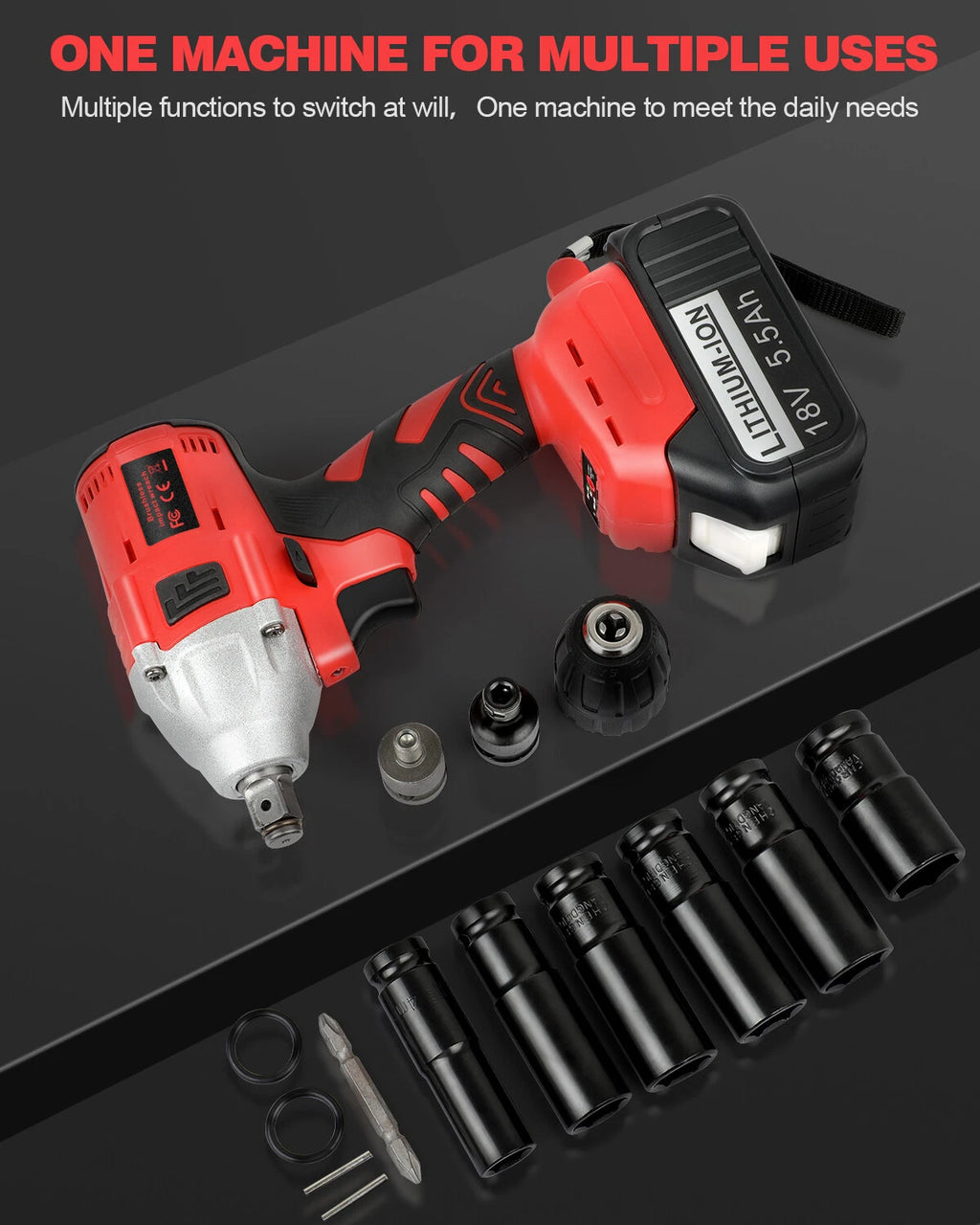 650N.M Cordless Electric Impact Wrench Gun 1/2'' High Power Driver 5.5Ah Battery