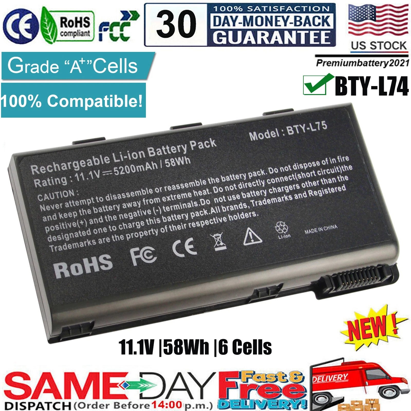 ?6 Cells Battery BTY-L74 BTY-L75 for MSI A5000 A6000 A6200 A7200 957-173XXP-101