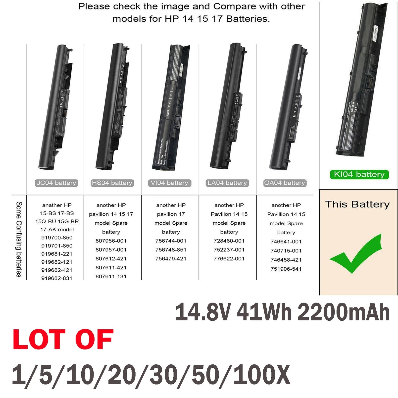 ??LOT Battery KI04 K104 For HP Pavilion 14-ab 15-ab Series 800010-421 800049-001
