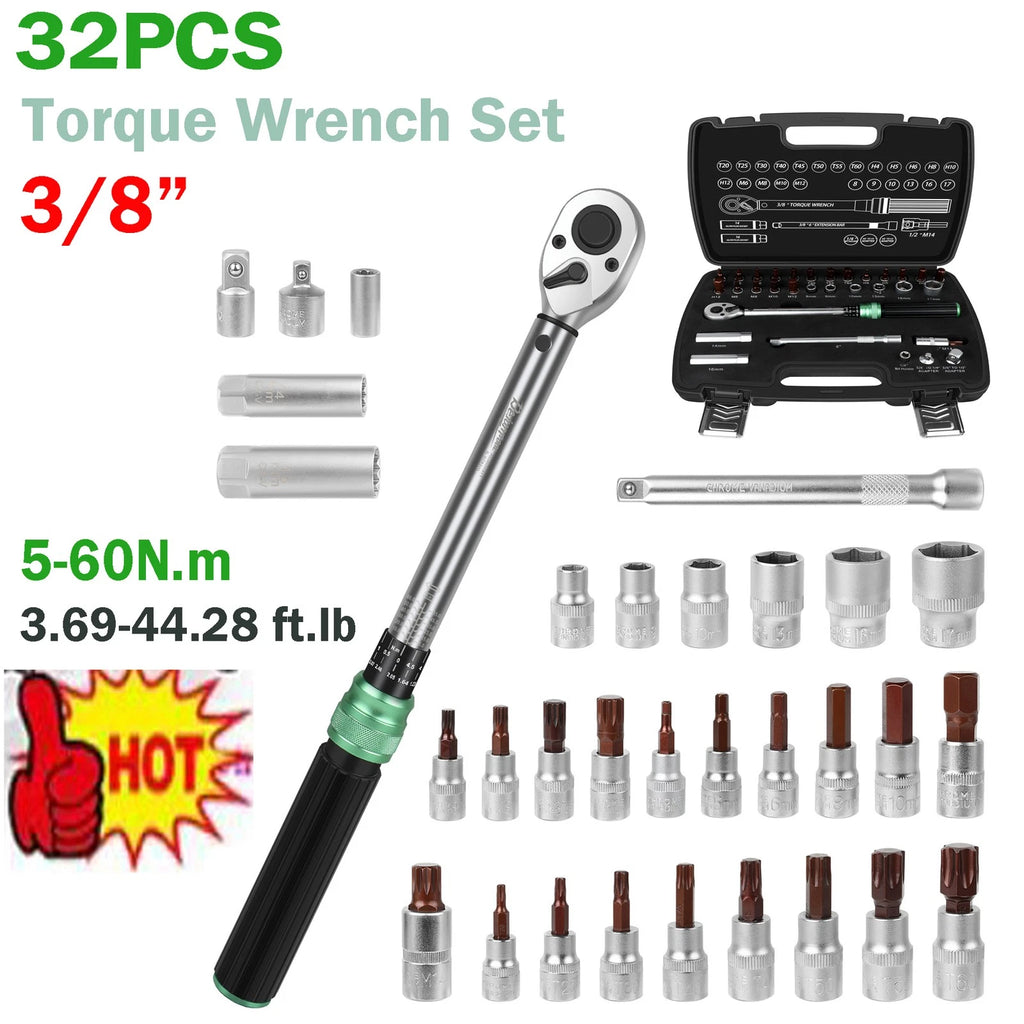 ??32Pcs Torque Wrench Set 3/8" Drive 5-60N.m (3.69-44.28 ft.lb) For Bicycle 2026