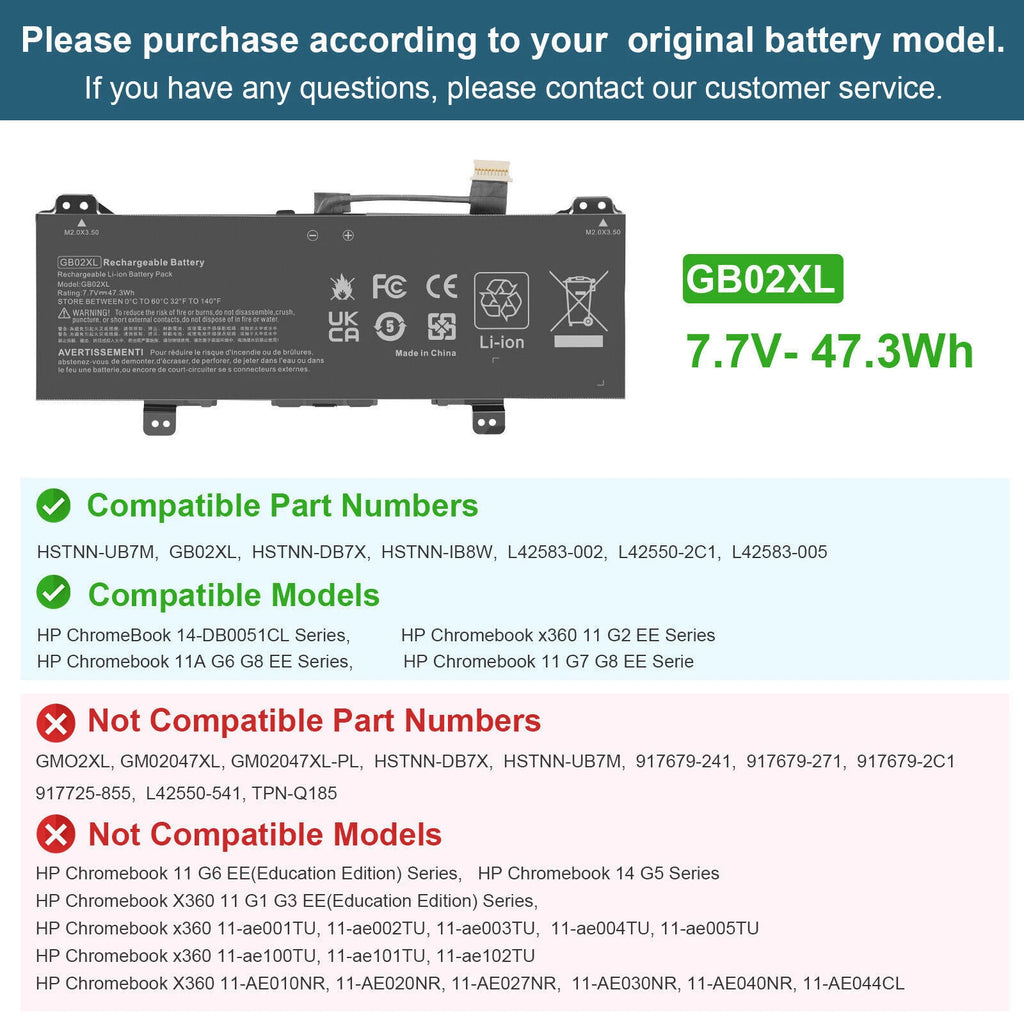 LOT GB02XL Battery for HP Chromebook 11 G7 G8 EE X360 11 G2 EE 14-DB0051CL 47.3W