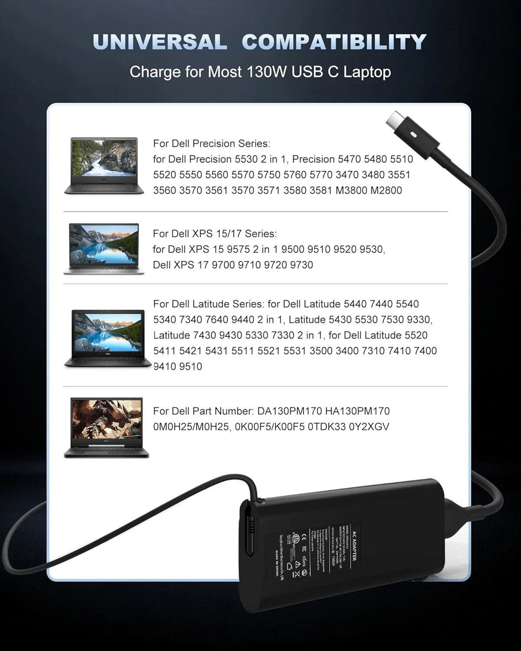 USB Type C AC Adapter for Dell 130W Laptop Charger USBC XPS 15 9500 9510 9520