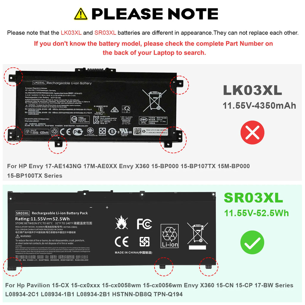SR03XL Battery for HP Pavilion 15-CX 15-cx0020nr L08855-855 L08934-2B1 Laptop