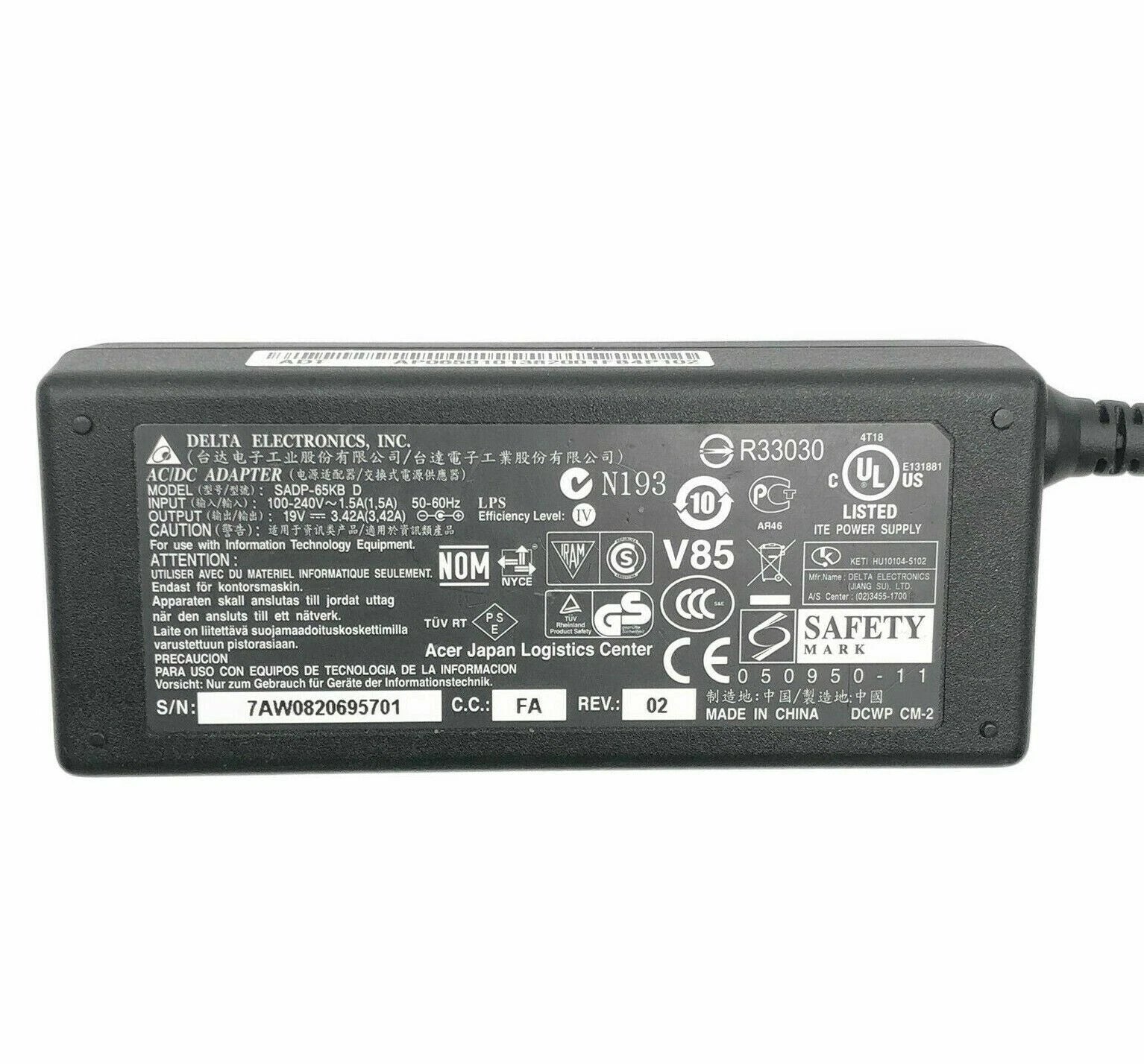 Open Box Genuine Delta SADP-65KB D AC Adapter 19V 3.42A Power Charger 65W w/PC