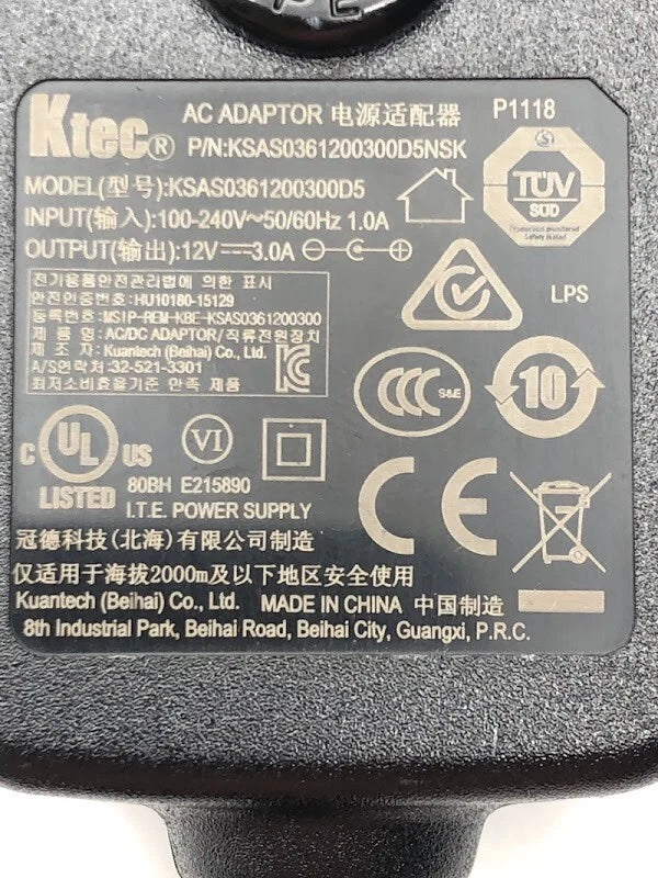 NEW Genuine Ktec KSAS0361200300D5 Power Supply Adapter 12V 3A Wall Charger