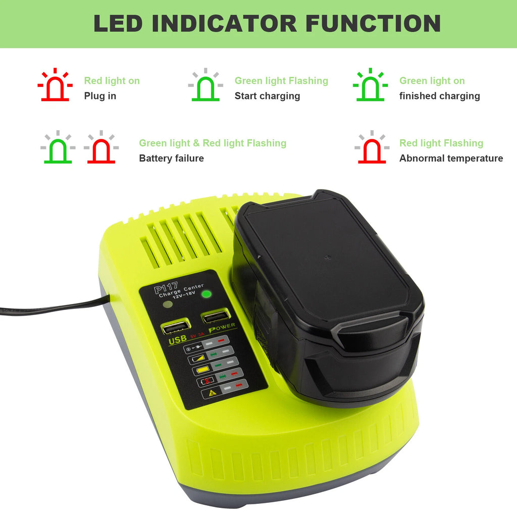 P117 Fast Charger For RYOBI 18V For One+ Plus P108 High Capacity Lithium Battery