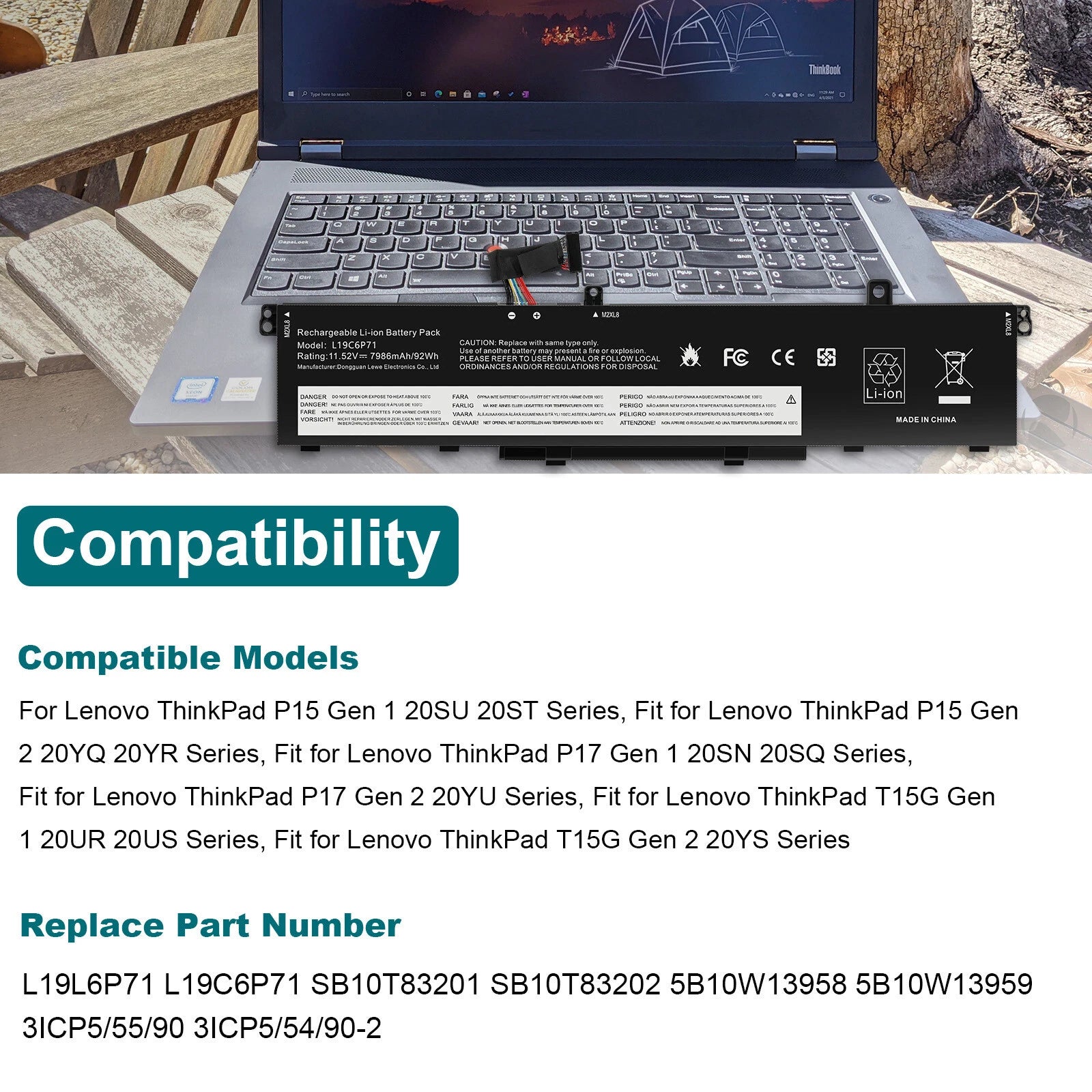 L19L6P71 L19C6P71 Battery for ThinkPad P15 P17 T15G G1 G2 Mobile Workstation 92W