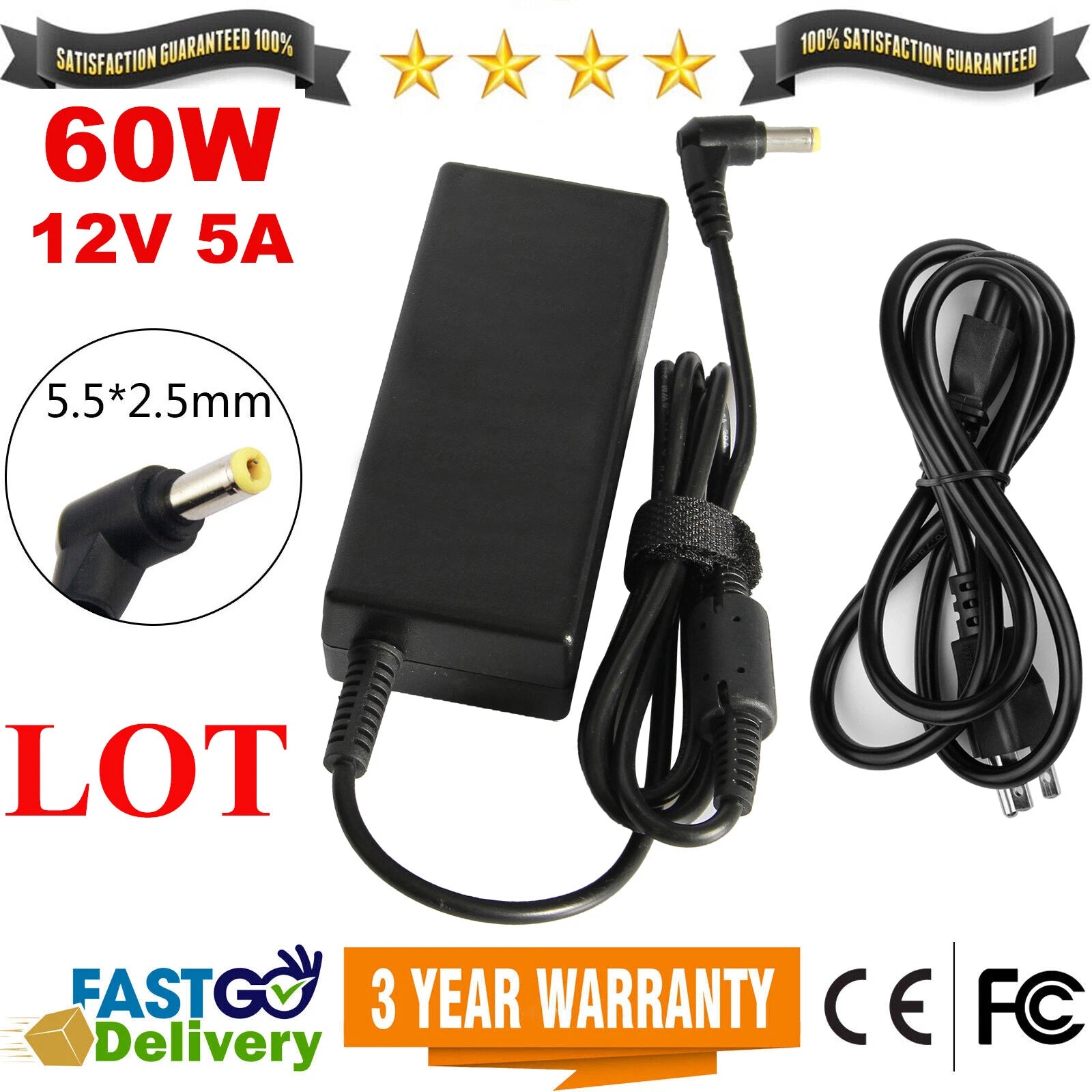 LOT LCD Monitor Charegr Power Supply Adapter 60W DC 12V 5A Round Tip 5.5mm*2.5mm