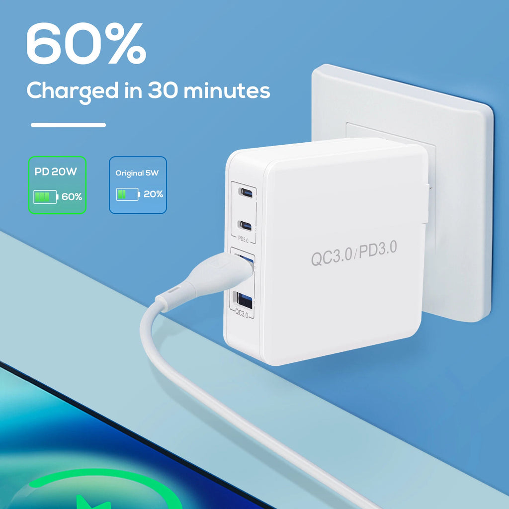 USB C PD 100W Multiport Charger GaN Fast Power Delivery Adapter 4 Port USB White