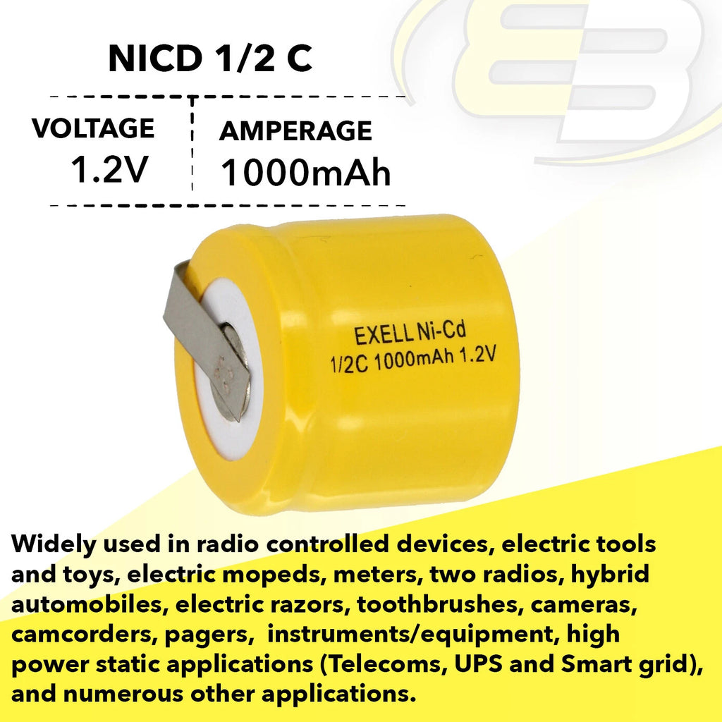 Exell 1/2C NiCD 1000mAh 1.2V Flat top Rechargeable Battery with Tabs?