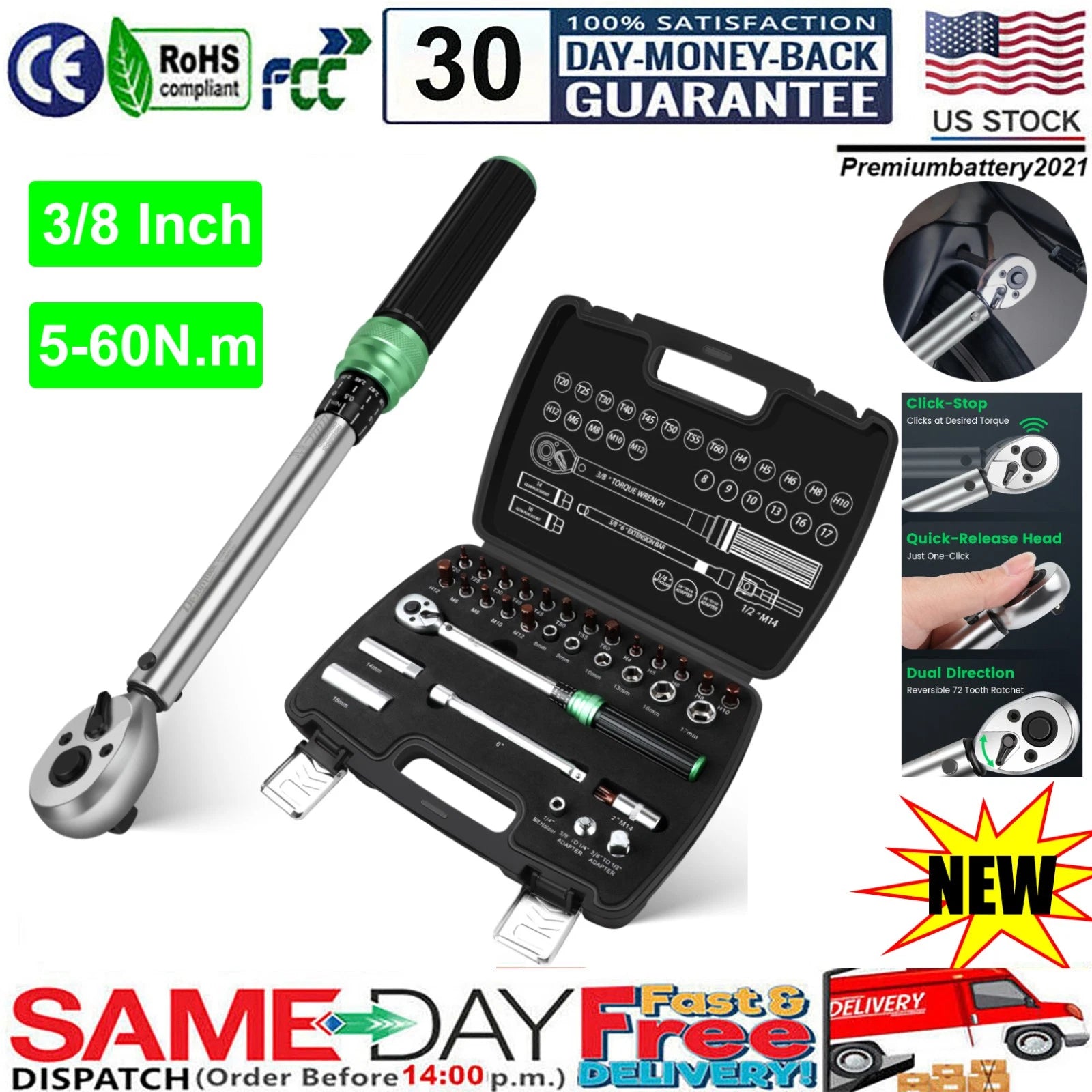 ?3/8'' Drive 5-60N.m Torque Wrench Adjustable Spanner w/Extension Rod 2026 NEW