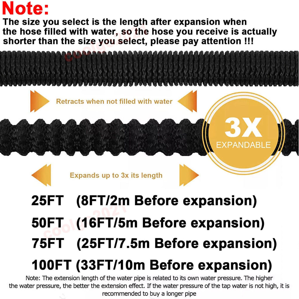 Expandable Flexible Garden Water Hose with 10/8 Function Spray Nozzle 25FT-150FT