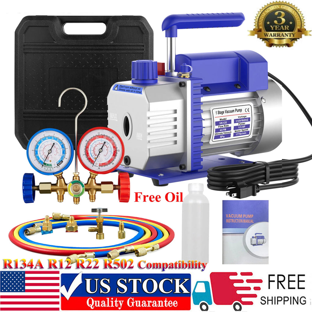 A/C Vacuum Pump Air Conditioning AC Manifold Gauge Kit R134A R22 R502 R12 Set